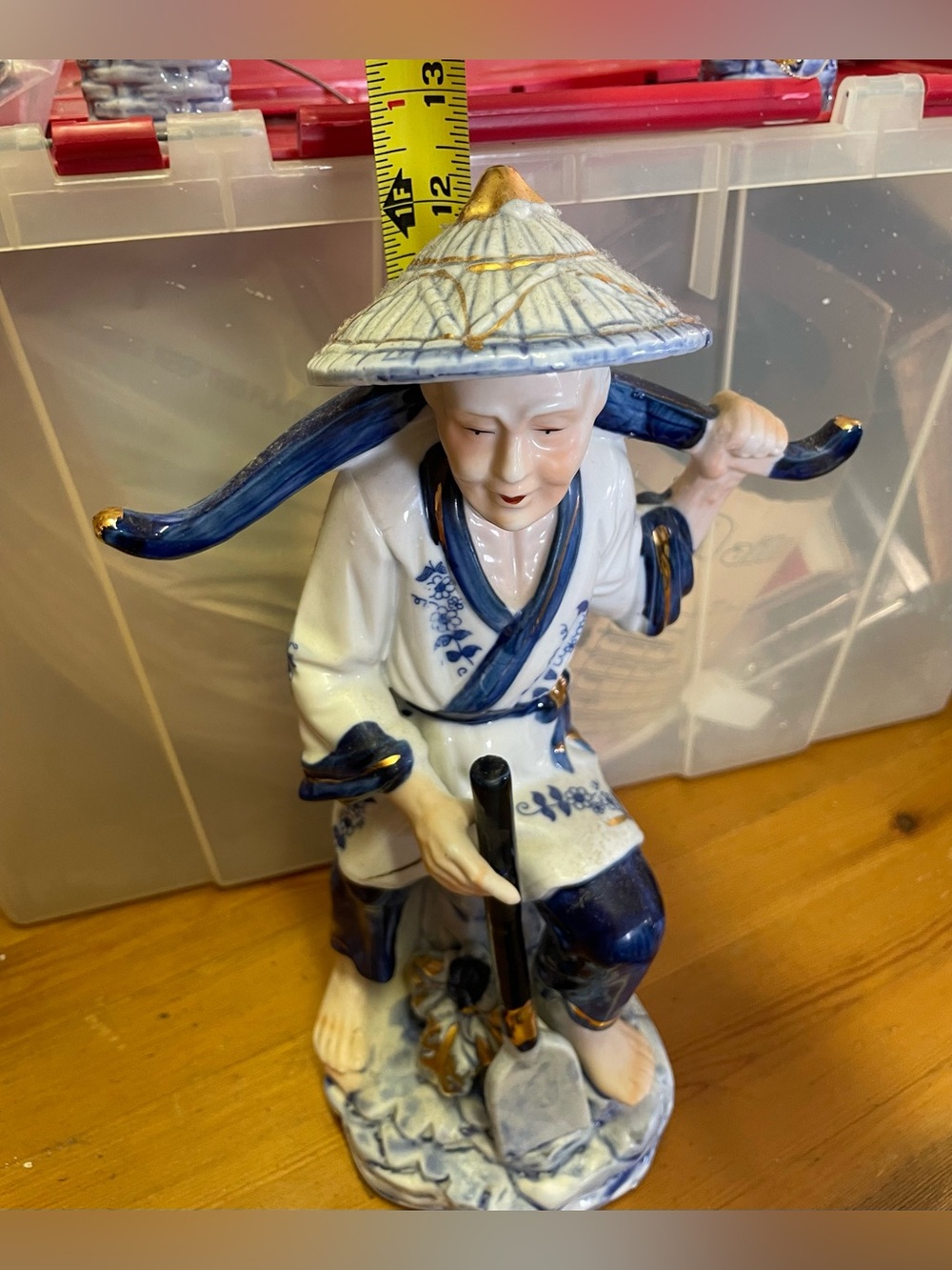 VTG Blue & White Porcelain Asian Porcelain Figurine Carrying Water Buckets.